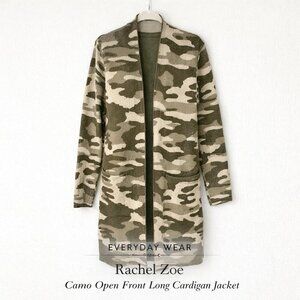 Rachel Zoe Camo Open Front Long Cardigan Jacket Olive Neutral Knit M